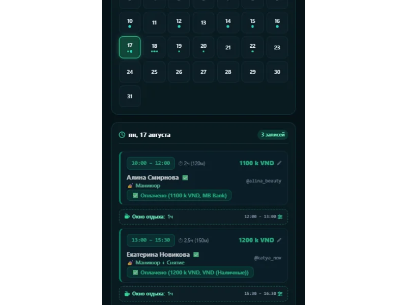 Telegram Mini App Interface: August 17 schedule with appointment cards, client handles, service tags, revenue, and rest window indicators